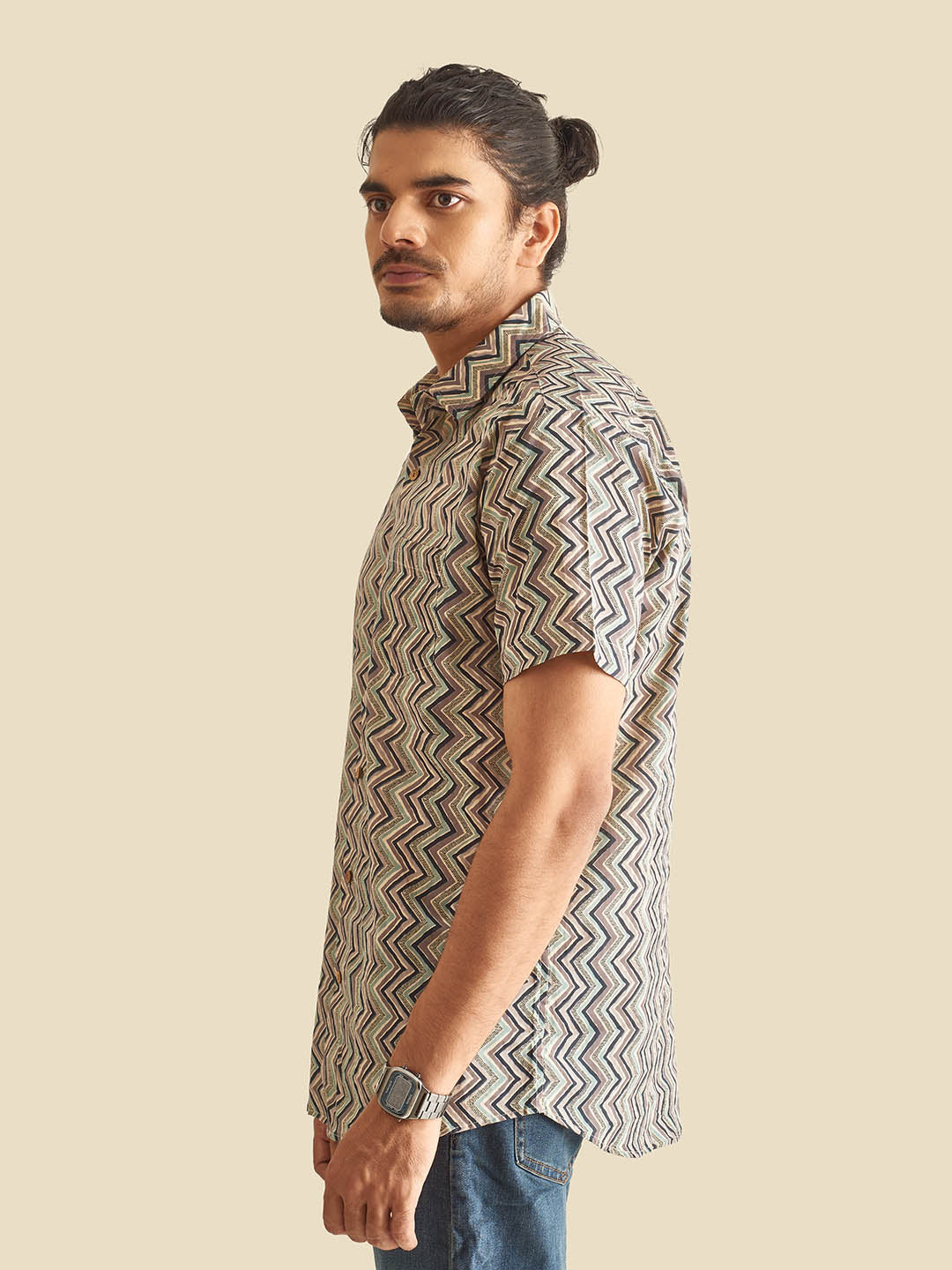 Grey Greece Chevron Block Printed Halfsleeves Cotton Shirt