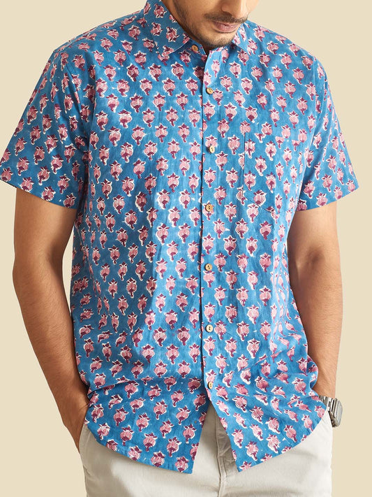 Blue Floral Block Printed Halfsleeve Cotton Shirt