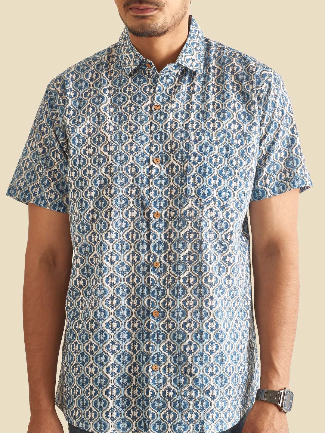 Blue and White Ethnic Block Printed Holiday Half Sleeve Cotton Shirt