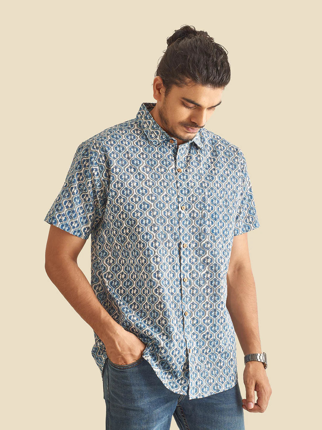 Blue and White Ethnic Block Printed Holiday Half Sleeve Cotton Shirt