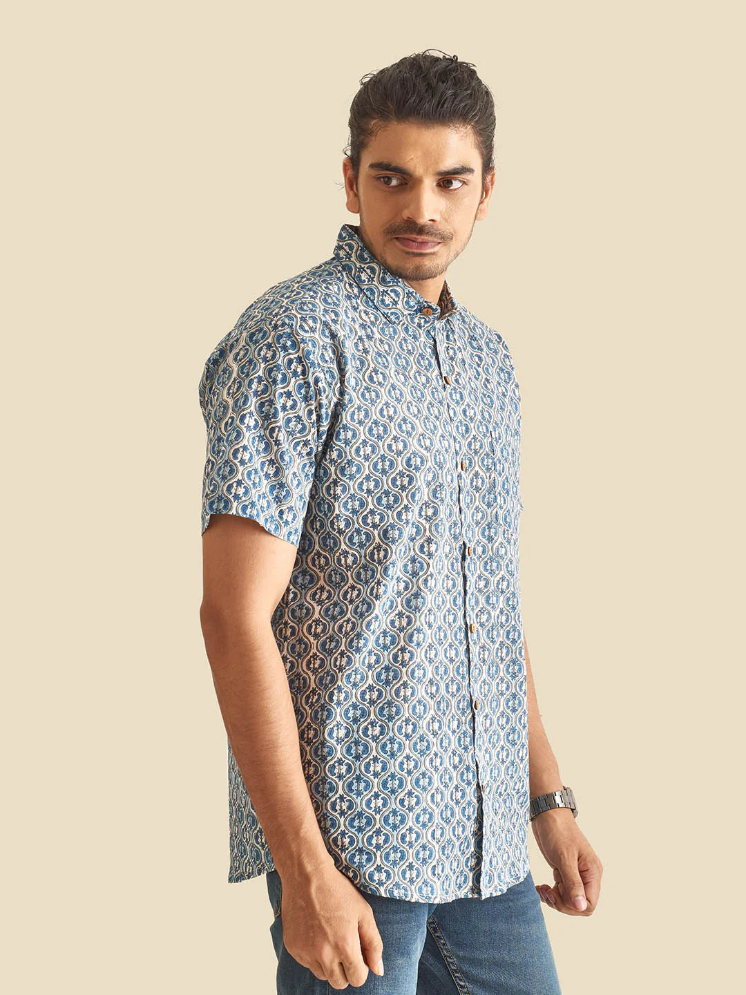 Blue and White Ethnic Block Printed Holiday Half Sleeve Cotton Shirt