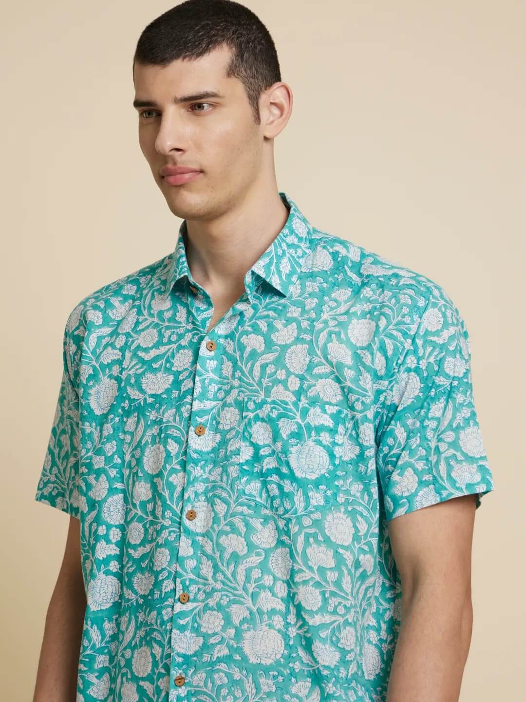 Seafoam Petals Hand Block Printed Shirt