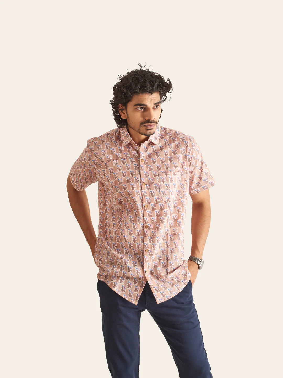 Dusty Pink Floral Handblock Printed Cotton Shirt