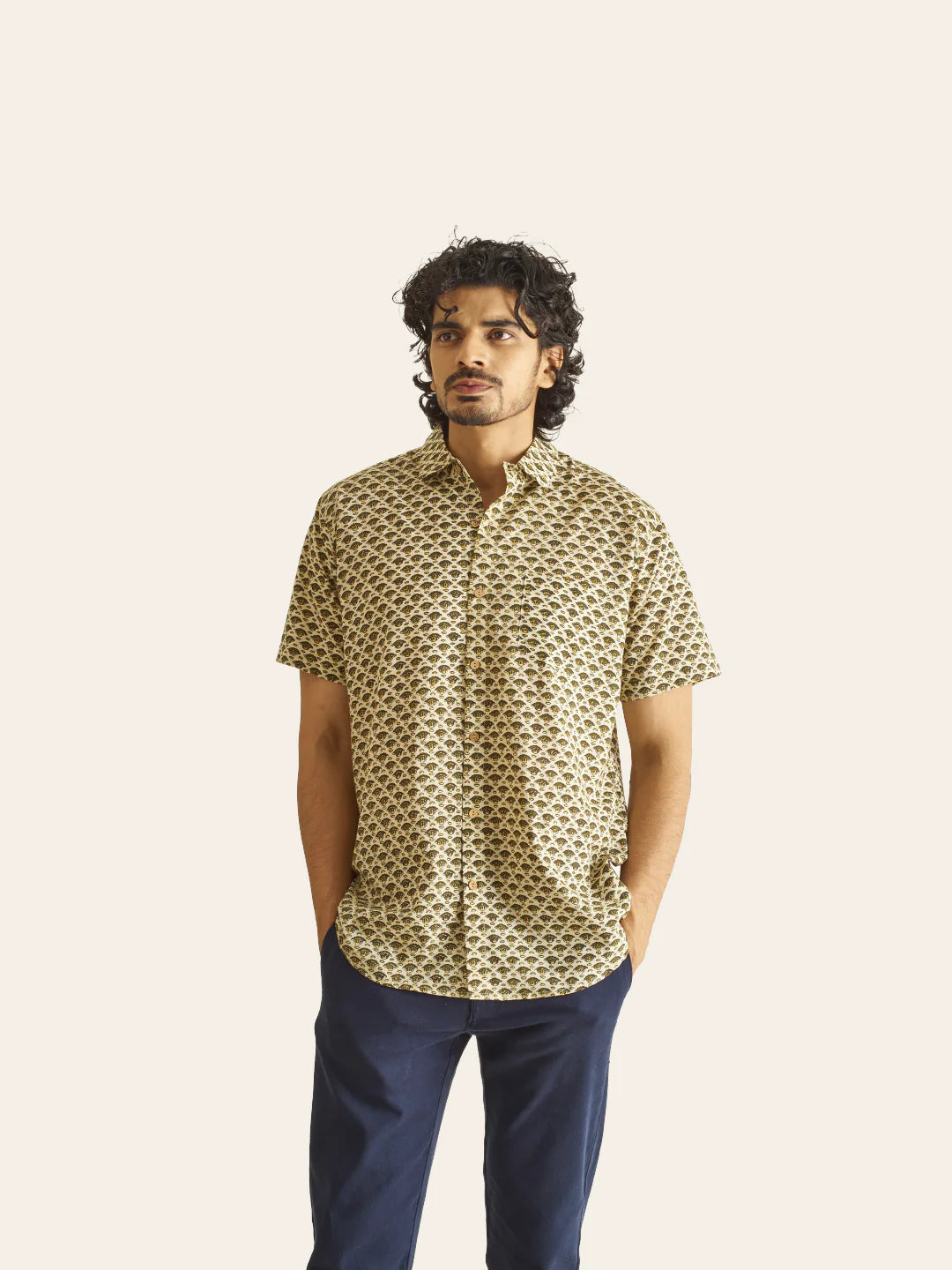 Mustard Motif Ivory Handblock Printed Cotton Shirt