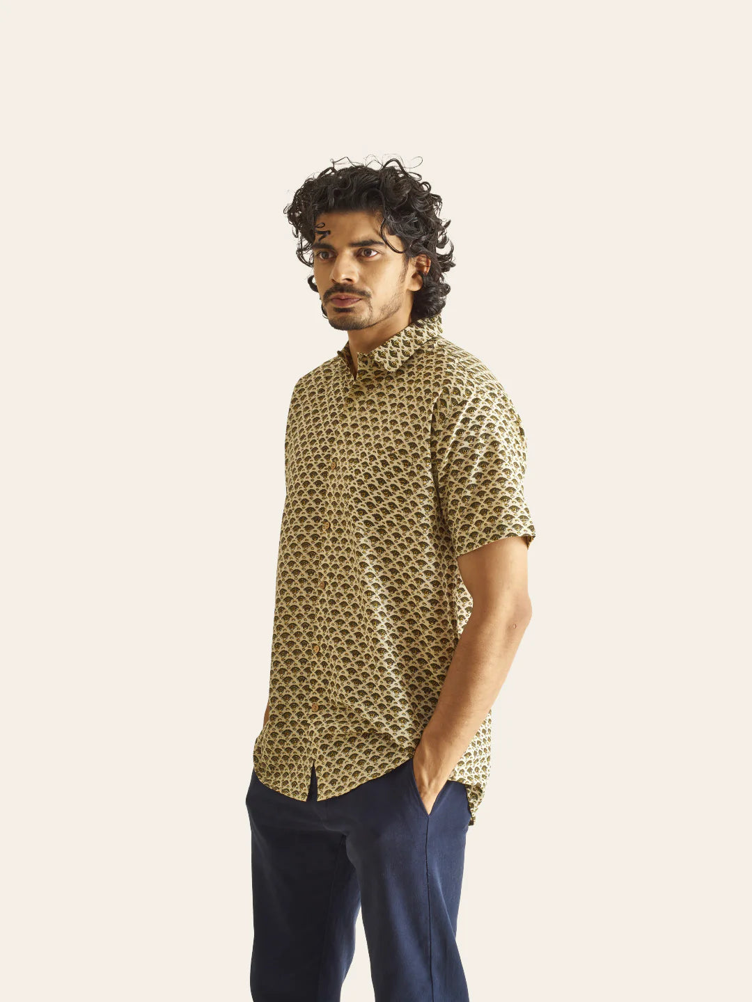 Mustard Motif Ivory Handblock Printed Cotton Shirt