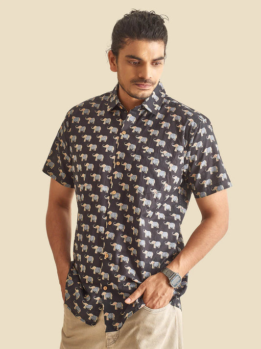 Black Safari Block Printed Half Sleeve Cotton Shirt