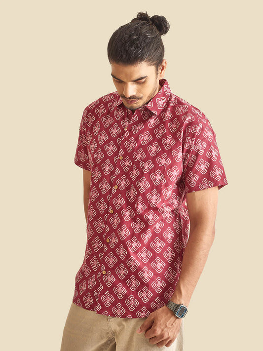 Plum Abtract Chula Block Printed Half Sleeve Cotton Shirt