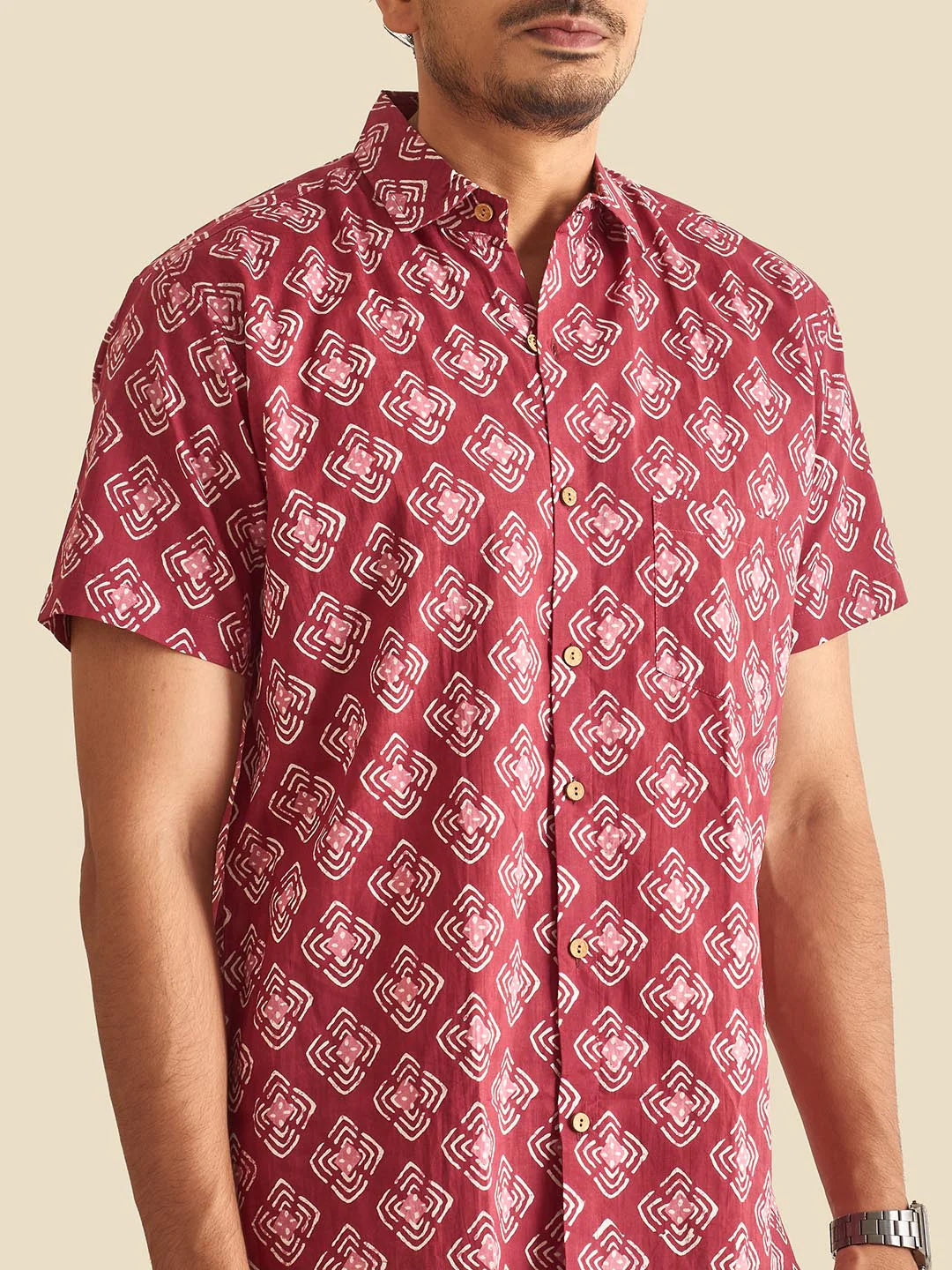 Plum Abtract Chula Block Printed Half Sleeve Cotton Shirt