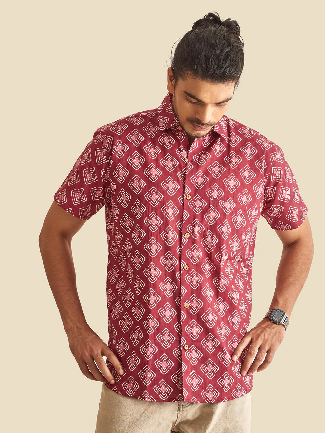 Plum Abtract Chula Block Printed Half Sleeve Cotton Shirt