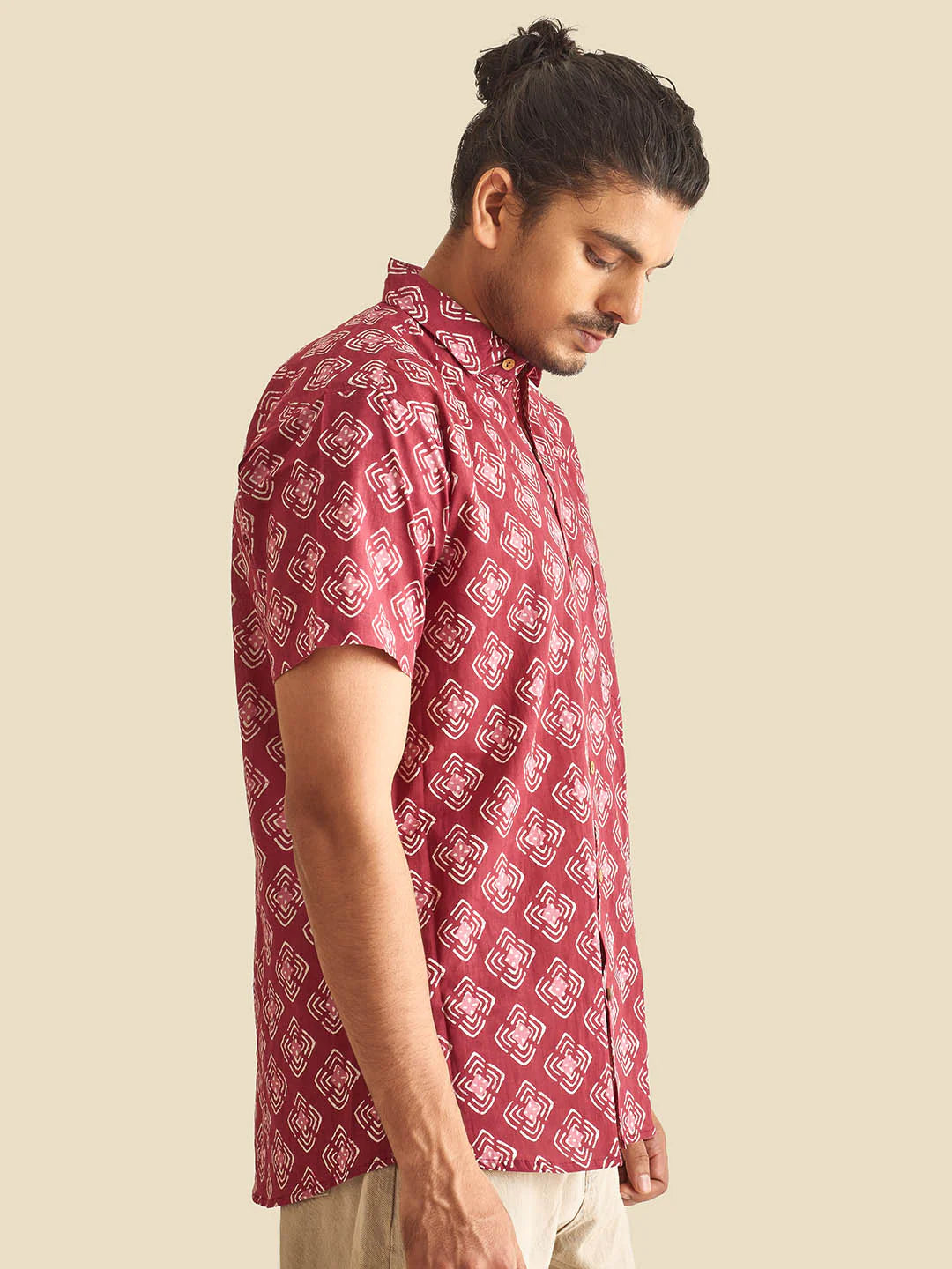 Plum Abtract Chula Block Printed Half Sleeve Cotton Shirt