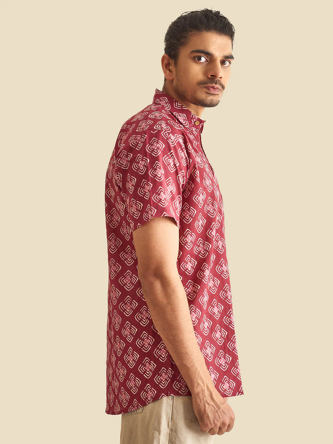 Plum Abtract Chula Block Printed Half Sleeve Cotton Shirt