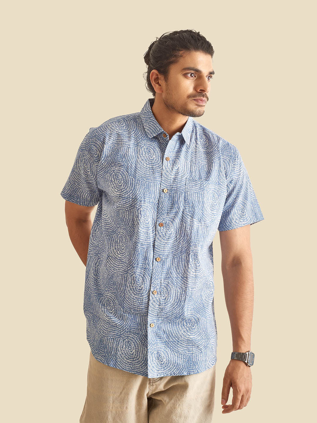 Blue Abstract Circles Block Printed Half Sleeve Cotton Shirt