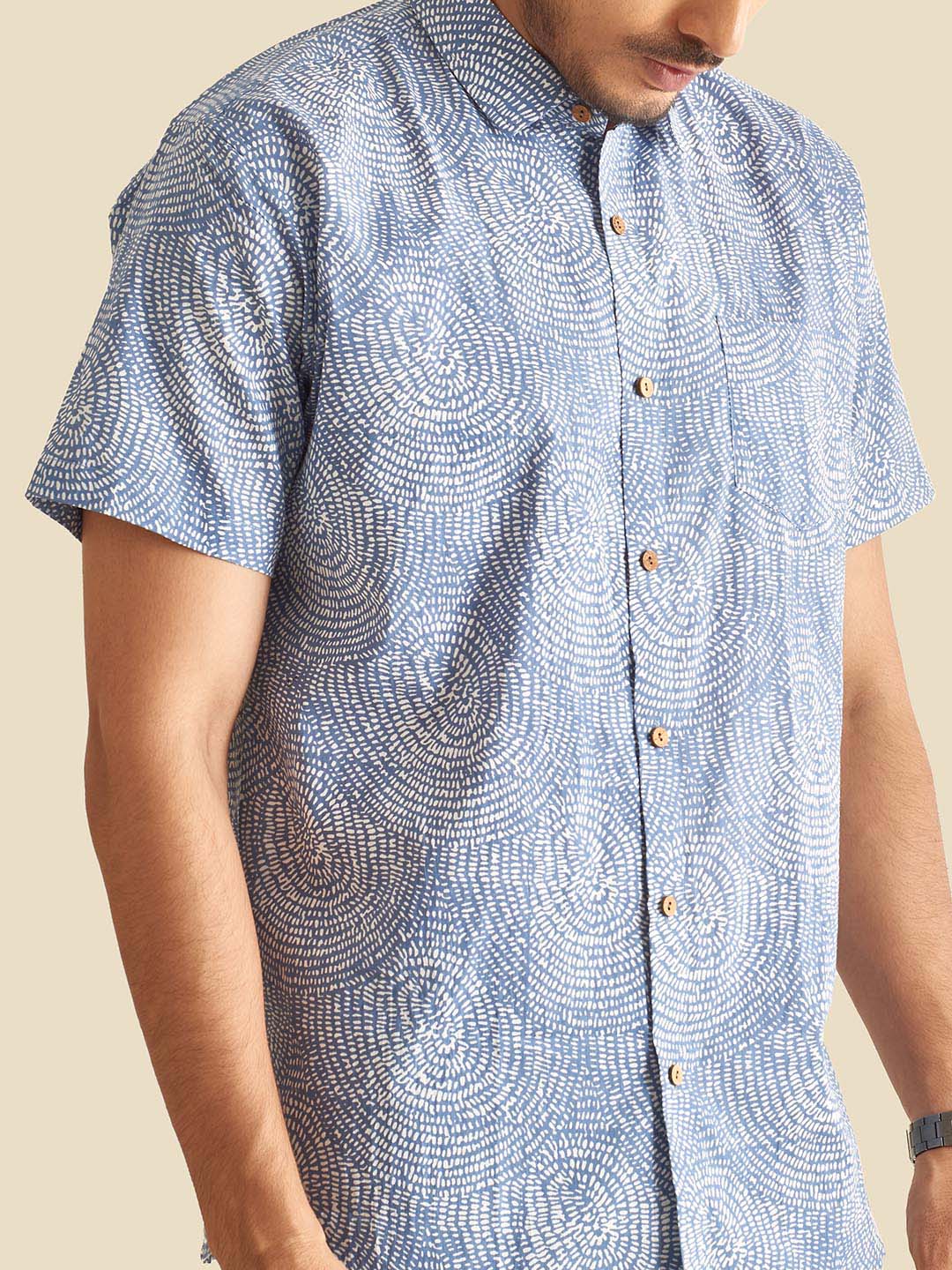 Blue Abstract Circles Block Printed Half Sleeve Cotton Shirt