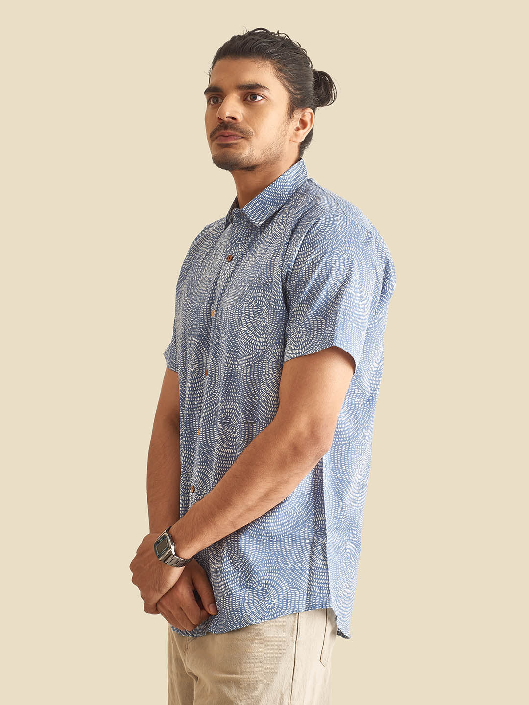 Blue Abstract Circles Block Printed Half Sleeve Cotton Shirt