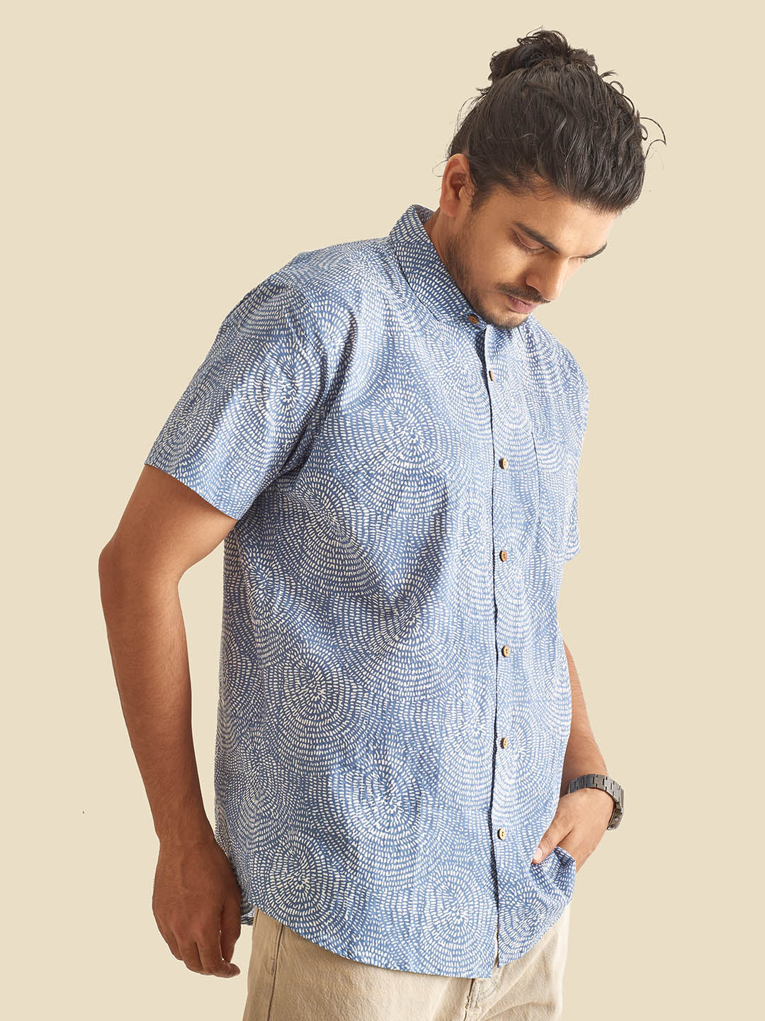 Blue Abstract Circles Block Printed Half Sleeve Cotton Shirt