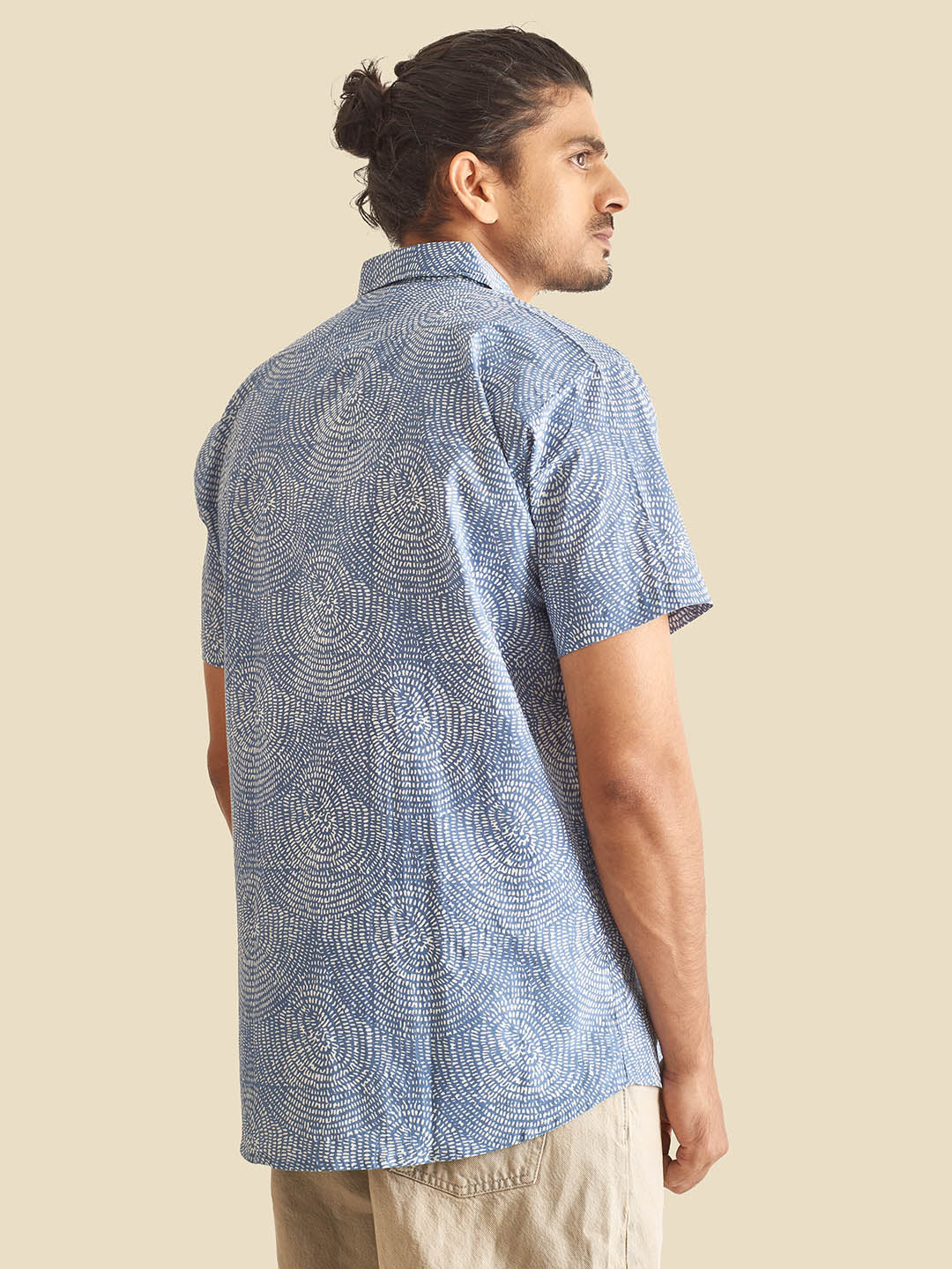 Blue Abstract Circles Block Printed Half Sleeve Cotton Shirt