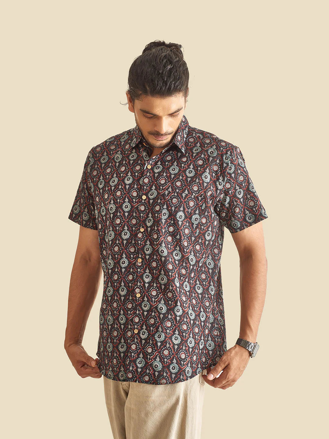 Black Ethnic Block Printed Festive Half Sleeve Cotton Shirt