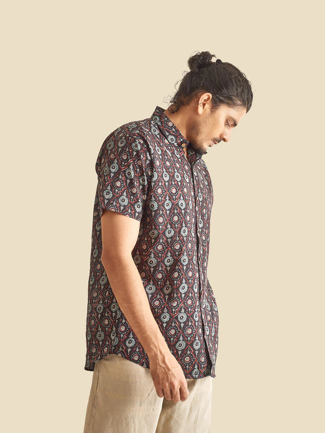 Black Ethnic Block Printed Festive Half Sleeve Cotton Shirt