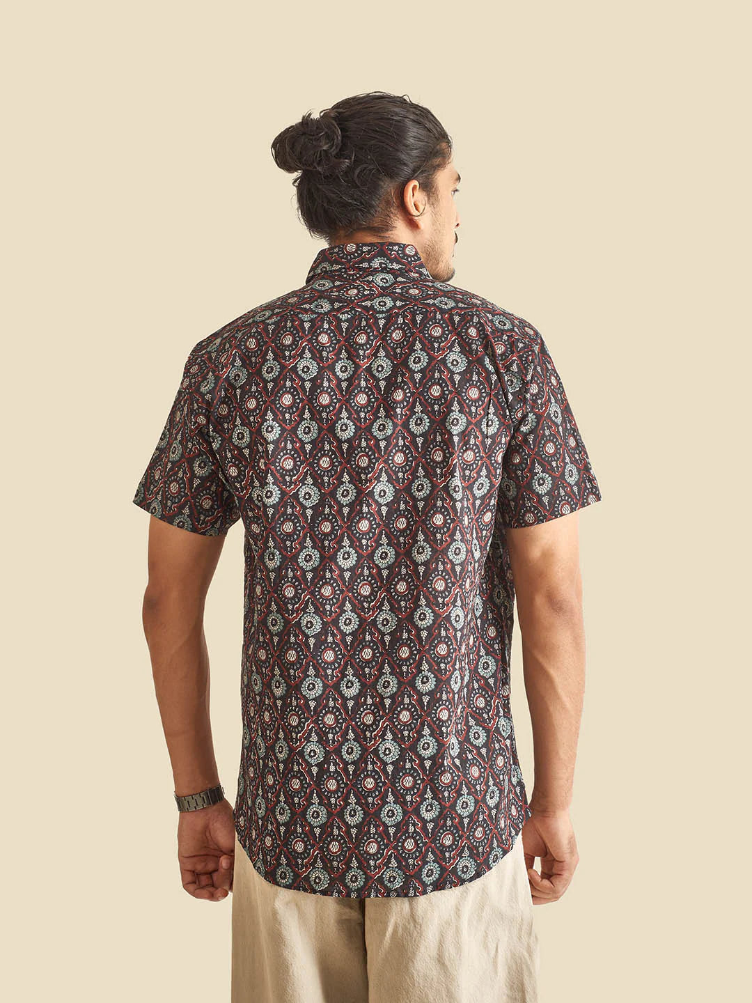 Black Ethnic Block Printed Festive Half Sleeve Cotton Shirt