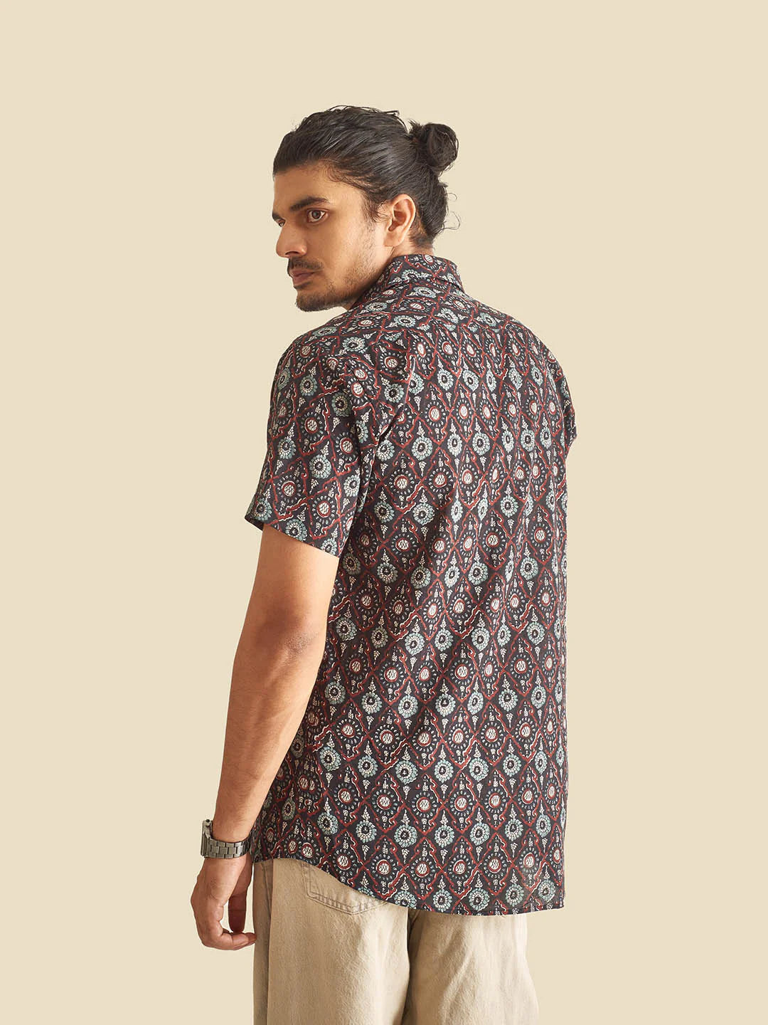 Black Ethnic Block Printed Festive Half Sleeve Cotton Shirt