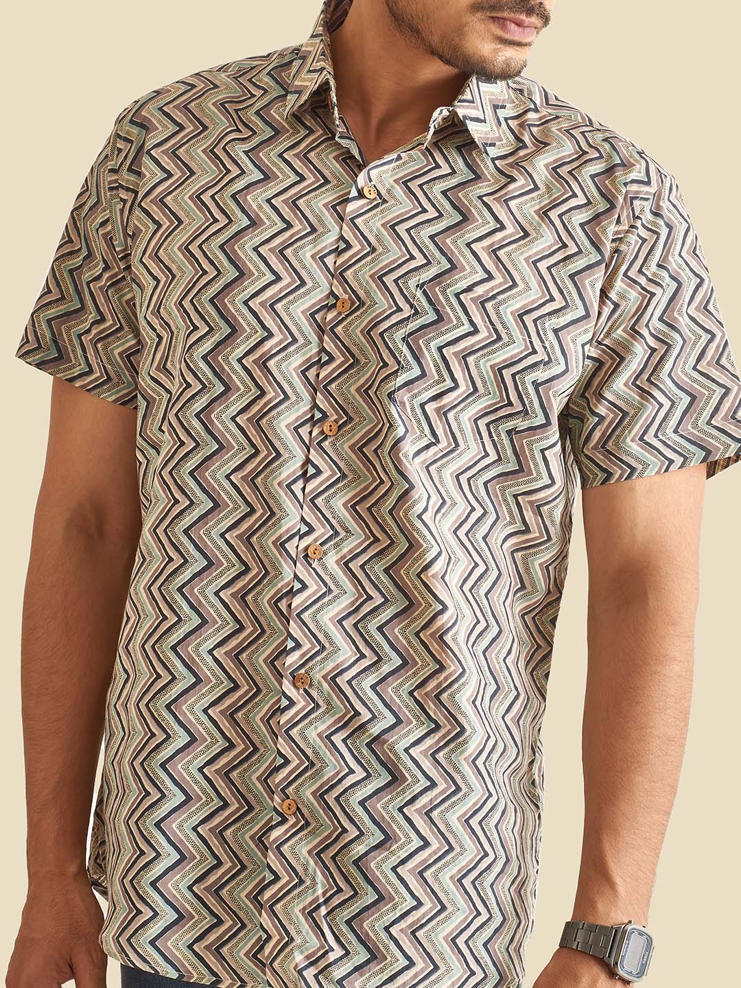 Grey Greece Chevron Block Printed Halfsleeves Cotton Shirt