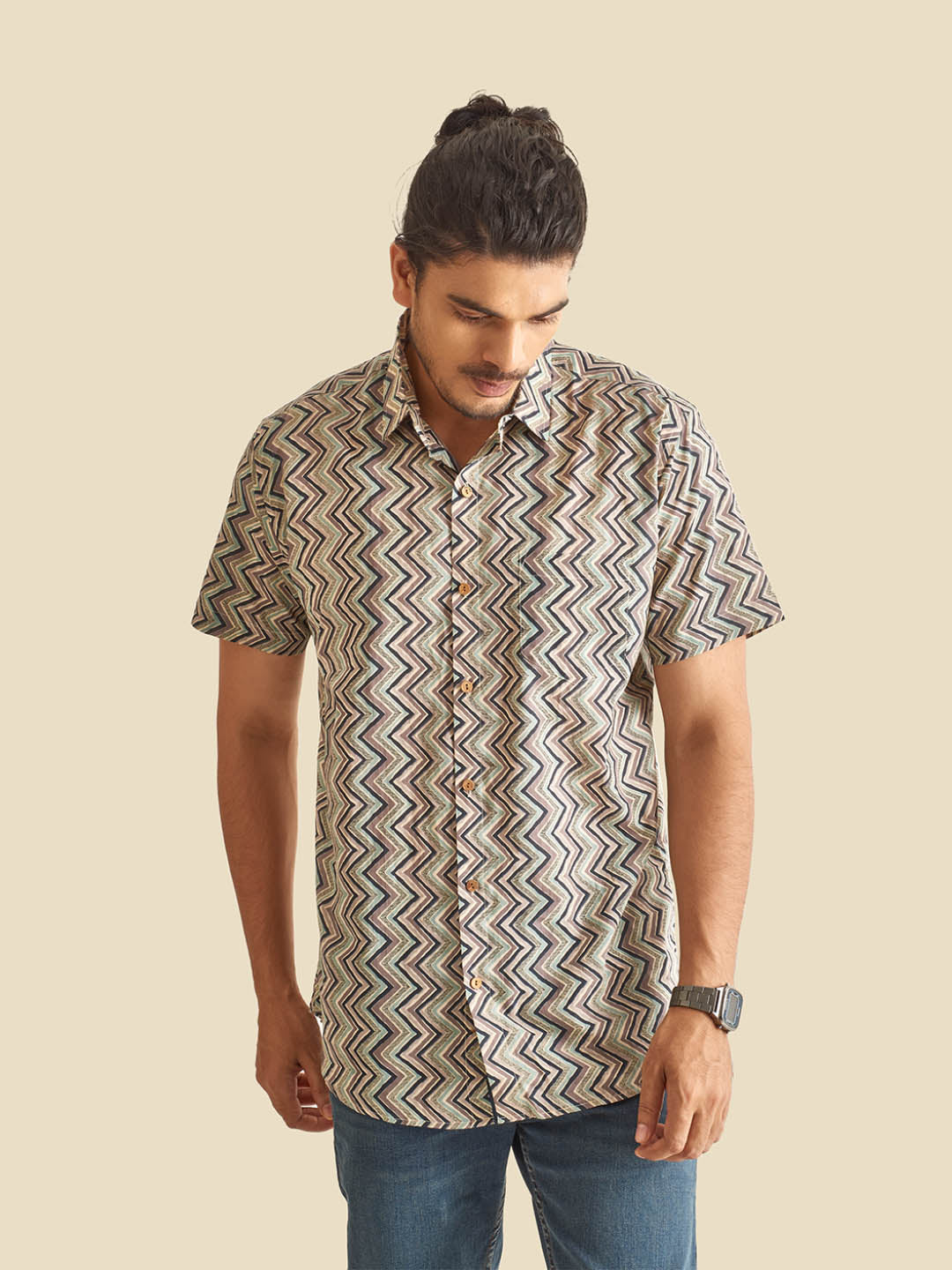 Grey Greece Chevron Block Printed Halfsleeves Cotton Shirt