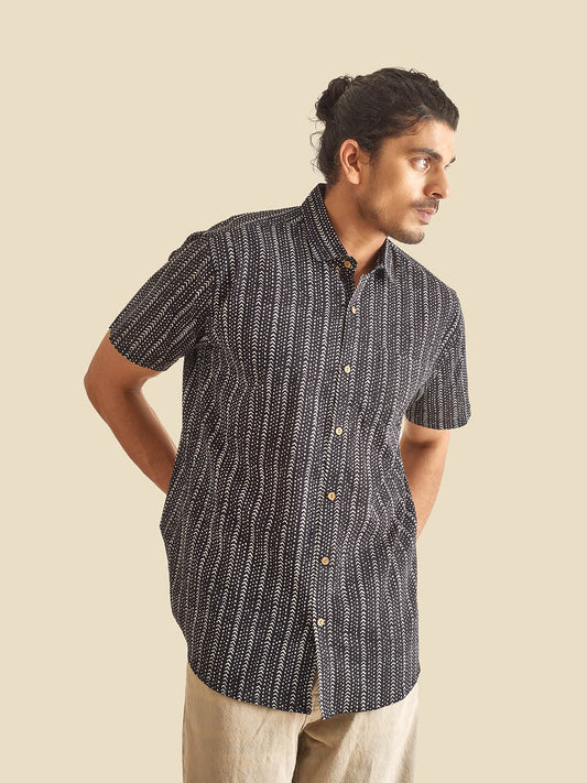 Black Designer Stripes Block Printed Halfsleeves Cotton Shirt