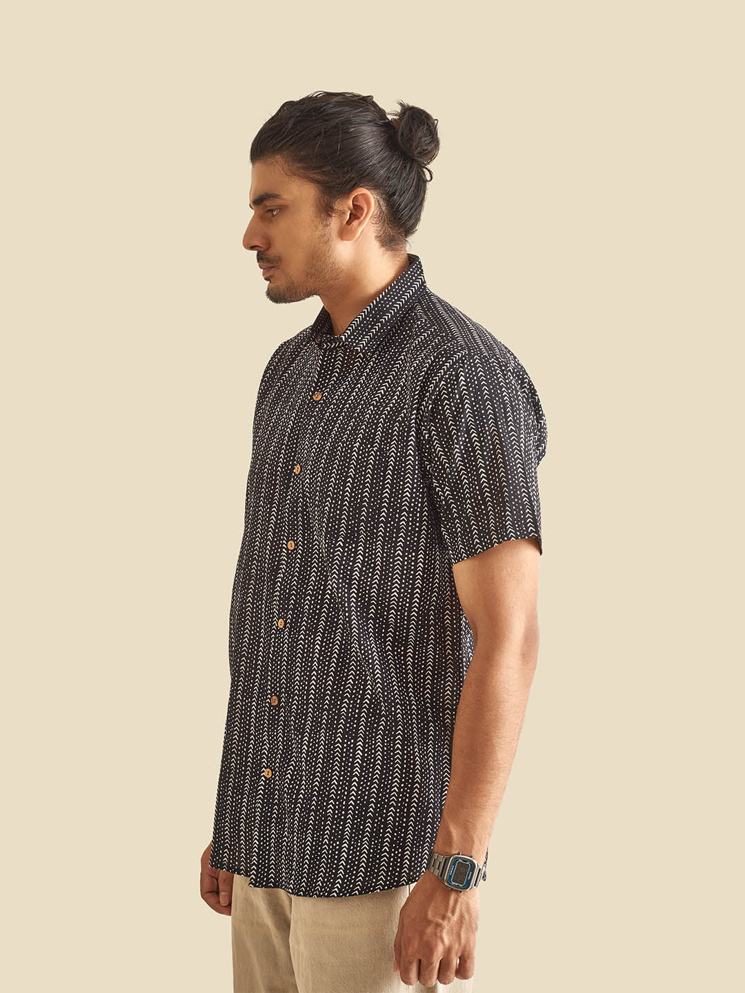 Black Designer Stripes Block Printed Halfsleeves Cotton Shirt