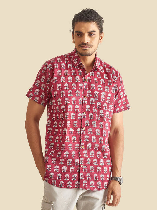 Maroon Floral Block Printed Halfsleeve Cotton Shirt